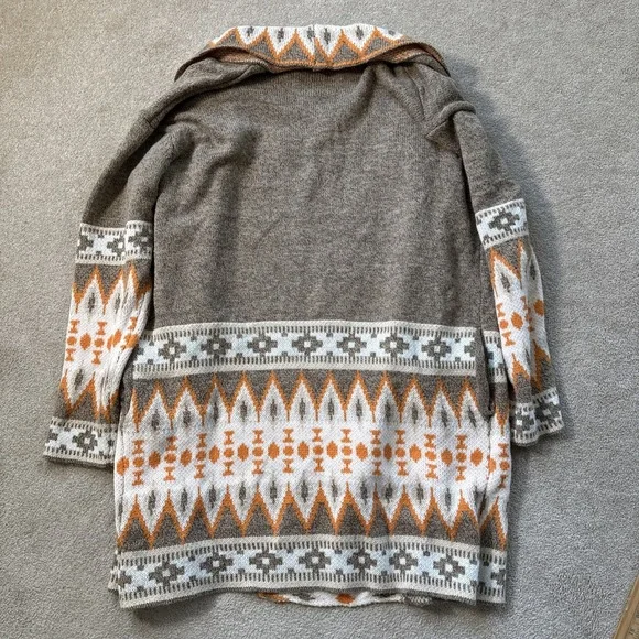 Bibi Aztec Tribal Print Open Knit Long Cardigan Pockets Grey/Orange Sz XL - Picture 8 of 9